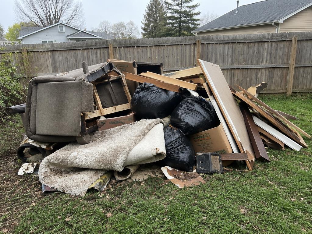 Carrying an old mattress out of a garage during a cleanout